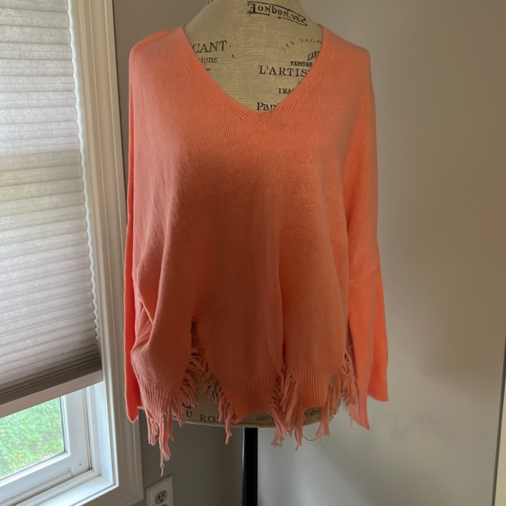 Peach Love Sweater Shark Bite Hem Peach V Neck 3/4 sleeves NWOT